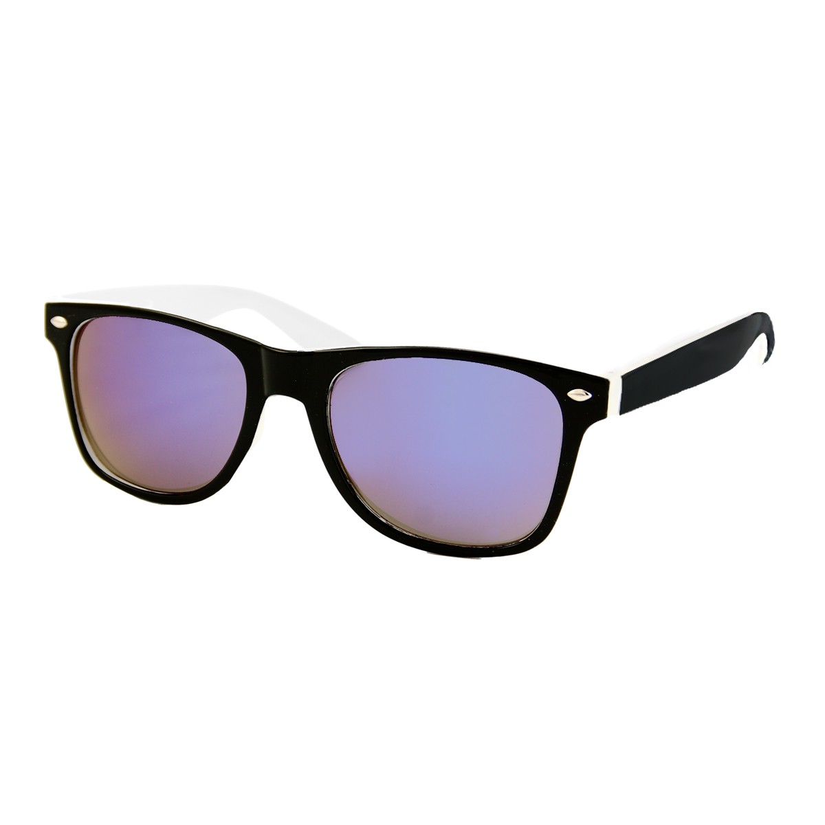 Two tone wayfarer zonnebril zwart wit - blauw paars spiegelglas