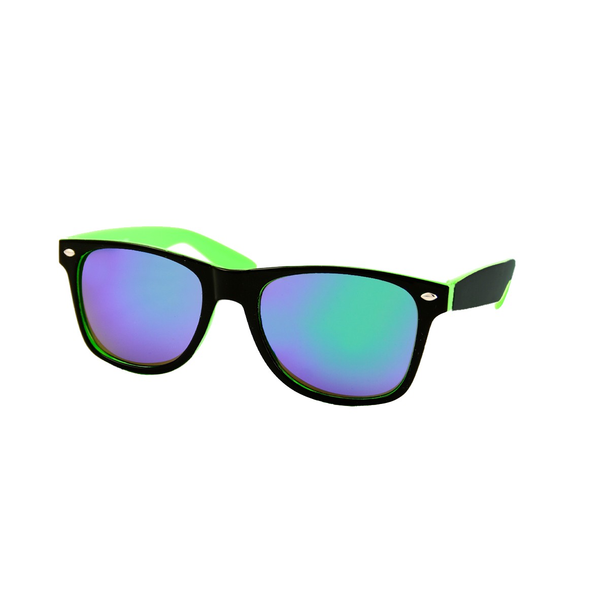 Two tone wayfarer sunglasses black green - purple blue mirror glasses